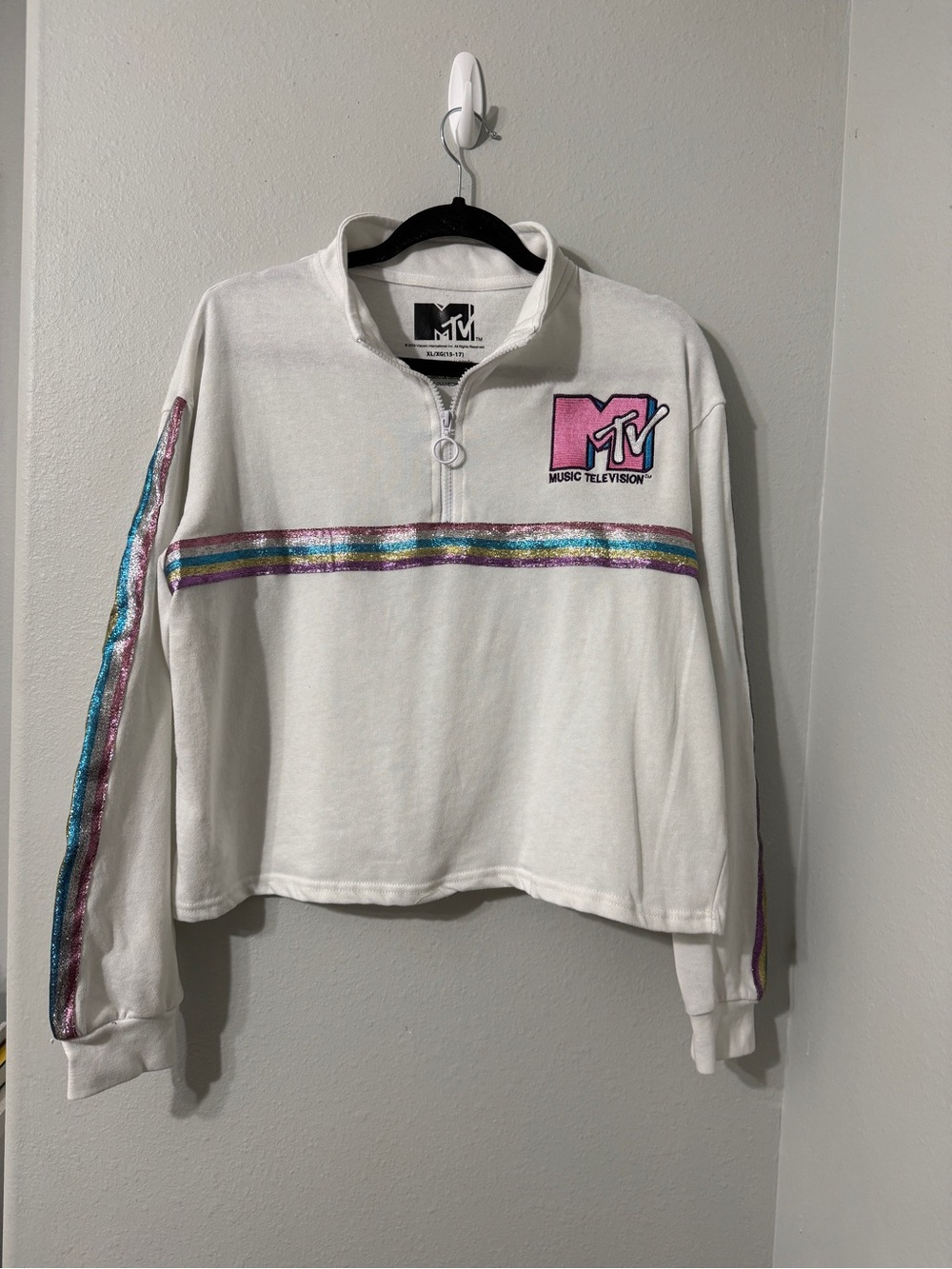 Retro MTV White Cropped Quarter Zip Pullover with Metallic Multicolor Stripes XL